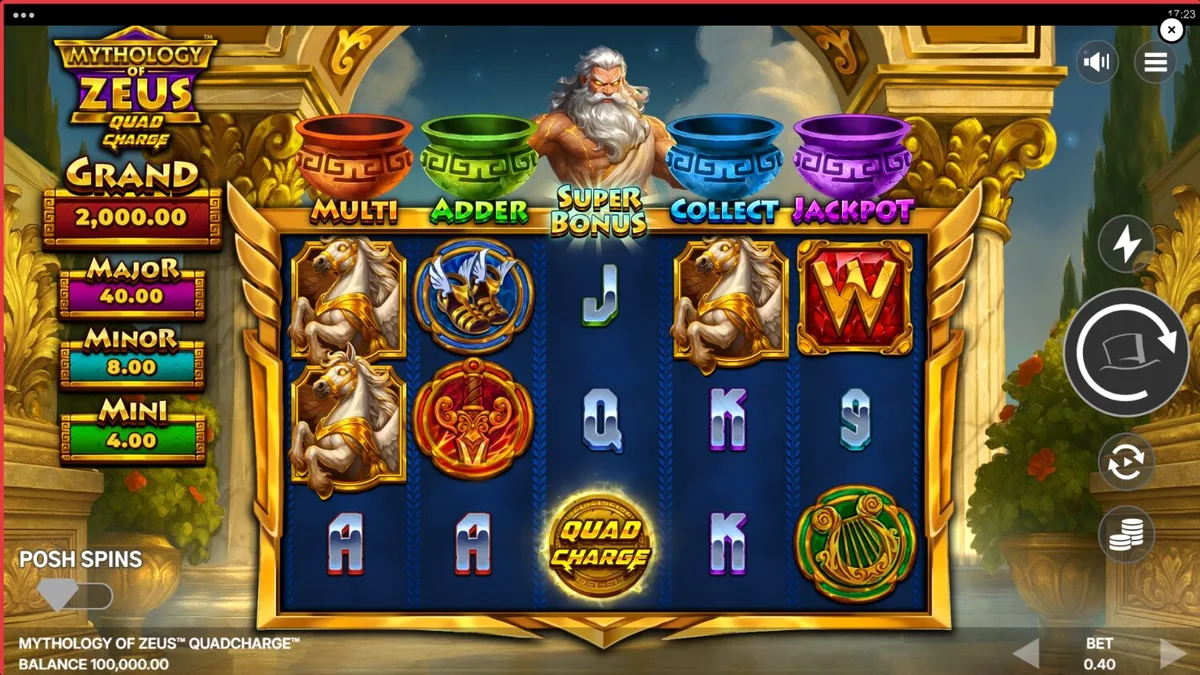 Mythology of Zeus QUADCHARGE slot machine interface