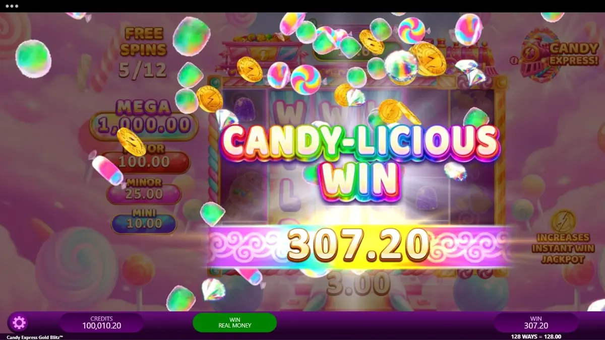 Candy Express Gold Blitz slot game interface na may makulay na candy theme